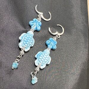 Ocean Blue Turtle Wire Wrap Drop Earrings